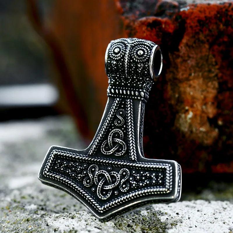 Viking Mjolnir Thor's Hammer Pendant Owl Pattern Retro Amulet Men