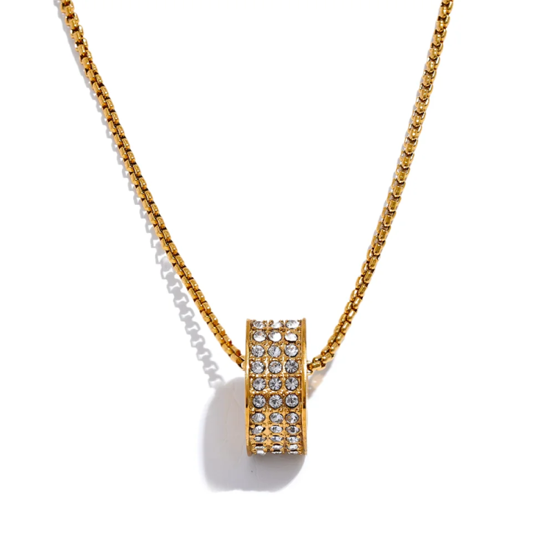 CZ Paved Stainless Steel Square Pendant Necklace