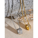 CZ Paved Stainless Steel Square Pendant Necklace