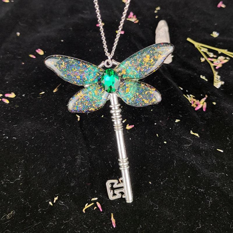 Crystal Witch Key Butterfly Necklace Occult Fairy Protection