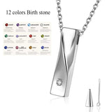 Stainless Steel Twist Bar Birth Stone Container Urn Pendant Necklace