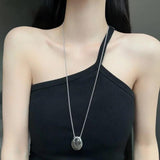 Brushed Metal Oval Necklace for Women Long Sweater Chain