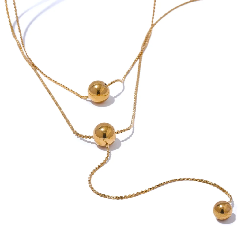 Stainless Steel Round Bead Long Layered Necklace Pendant Chain
