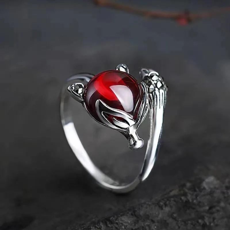 925 Sterling Silver Fox Ring Garnet Zircon Vintage Jewelry