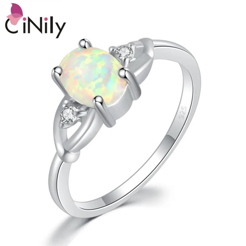 Fire Opal Ring with CZ 925 Sterling Silver Women's Wedding Jewelry