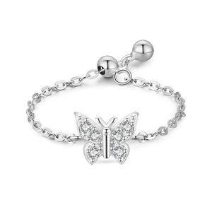925 Silver Clear CZ Heart Chain Ring Adjustable Women Wedding Jewelry