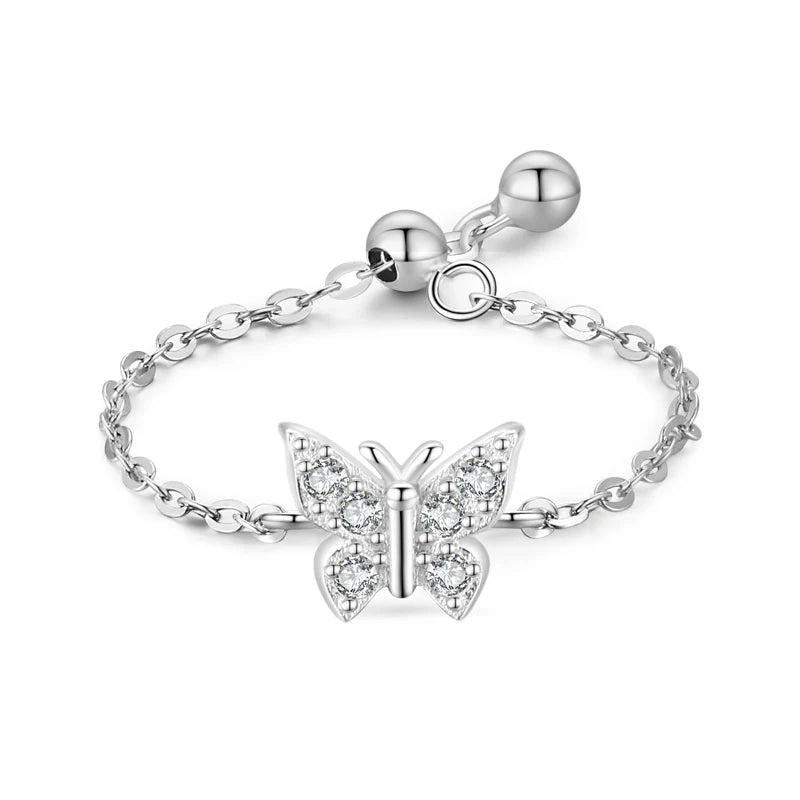 925 Silver Clear CZ Heart Chain Ring Adjustable Women Wedding Jewelry