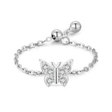 925 Silver Clear CZ Heart Chain Ring Adjustable Women Wedding Jewelry