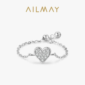 925 Silver Clear CZ Heart Chain Ring Adjustable Women Wedding Jewelry