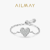 925 Silver Clear CZ Heart Chain Ring Adjustable Women Wedding Jewelry