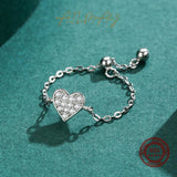 925 Silver Clear CZ Heart Chain Ring Adjustable Women Wedding Jewelry