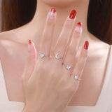 925 Silver Clear CZ Heart Chain Ring Adjustable Women Wedding Jewelry