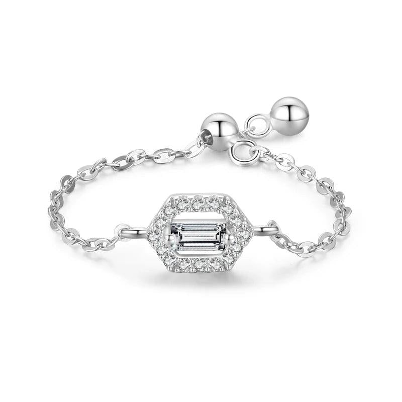 925 Silver Geometric Ring CZ Chain Adjustable Fine Jewelry
