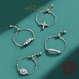 925 Silver Geometric Ring CZ Chain Adjustable Fine Jewelry
