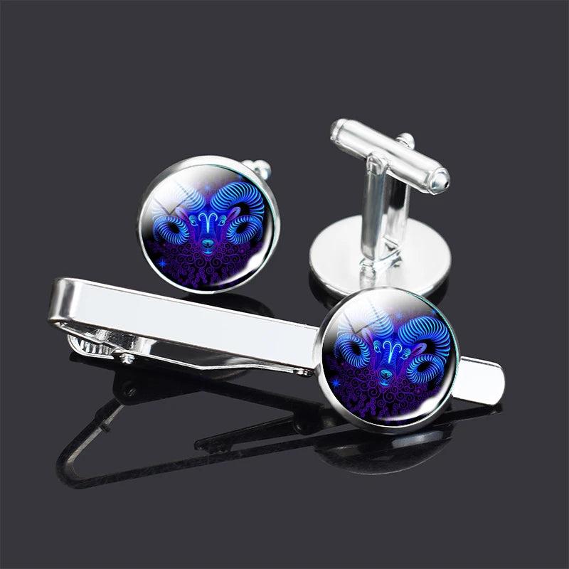 12 Constellation Men Tie Clips Cufflinks Set Zodiac Glass Jewelry