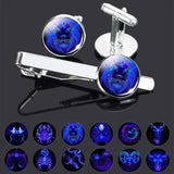 12 Constellation Men Tie Clips Cufflinks Set Zodiac Glass Jewelry