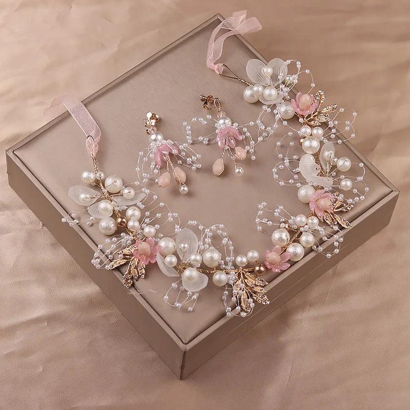 Pink Flower Crystal Headpiece Pearl Headband for Women Wedding