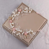 Pink Flower Crystal Headpiece Pearl Headband for Women Wedding