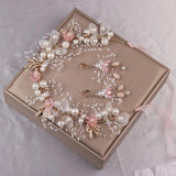 Pink Flower Crystal Headpiece Pearl Headband for Women Wedding