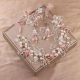 Pink Flower Crystal Headpiece Pearl Headband for Women Wedding