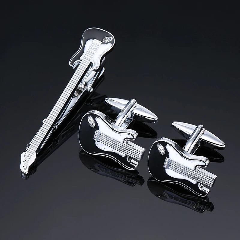 Guitar Pattern Cufflinks Set Musical Instruments Tie Clip Cuff Links