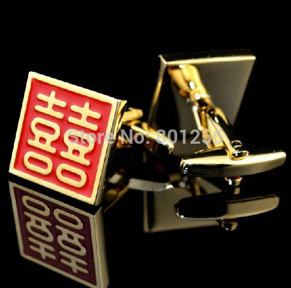 Chinese Words Style Gold-Colour Cuff Links