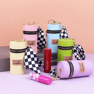 Personalized Leather Bucket Lipstick Bag with Silk Key Chain