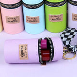 Personalized Leather Bucket Lipstick Bag with Silk Key Chain