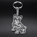 French Bulldog Dog Key Chain Ring Women Stainless Steel Silver Bag Keychain