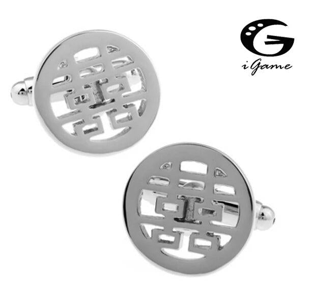 Double Happiness Silver Colour Copper Round Style Cuff Links