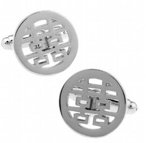 Double Happiness Silver Colour Copper Round Style Cuff Links