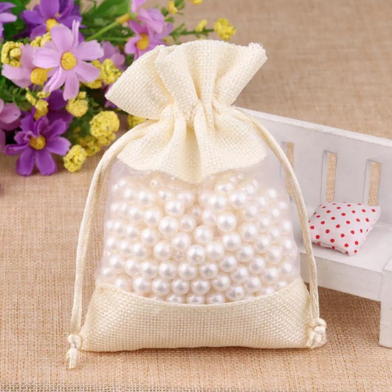 5pcs Organza Linen Drawstring Bags Wedding Sachet Gift