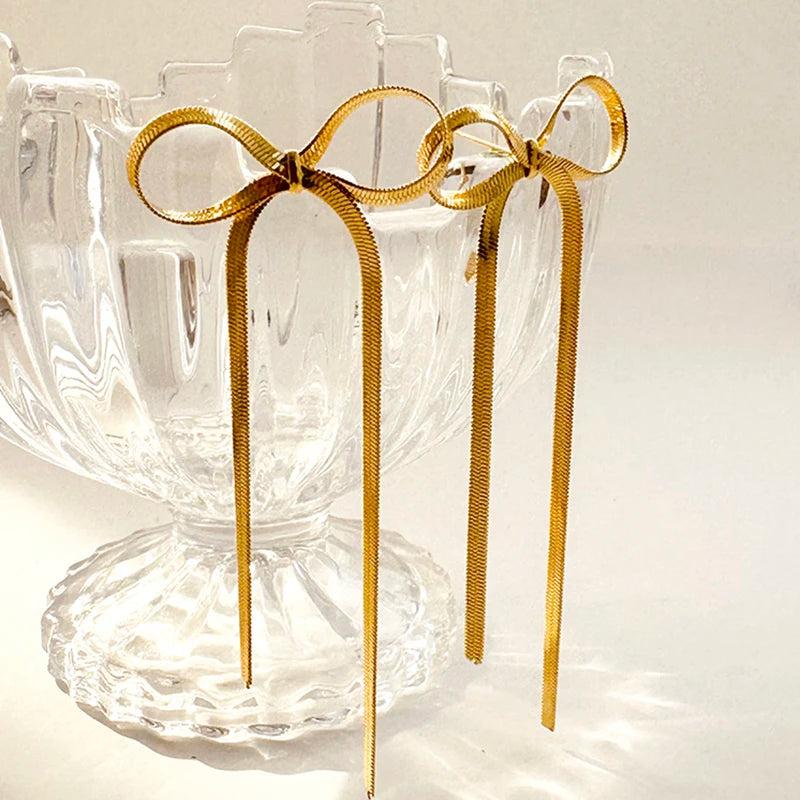 Tassel Bow Earrings Stainless Steel Snake Chain Drop Statement Jewelry