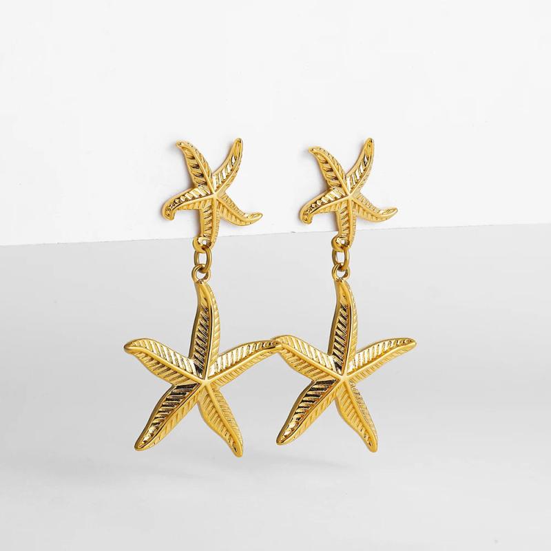 Stainless Steel Double Drop Starfish Earrings 18K PVD Plated