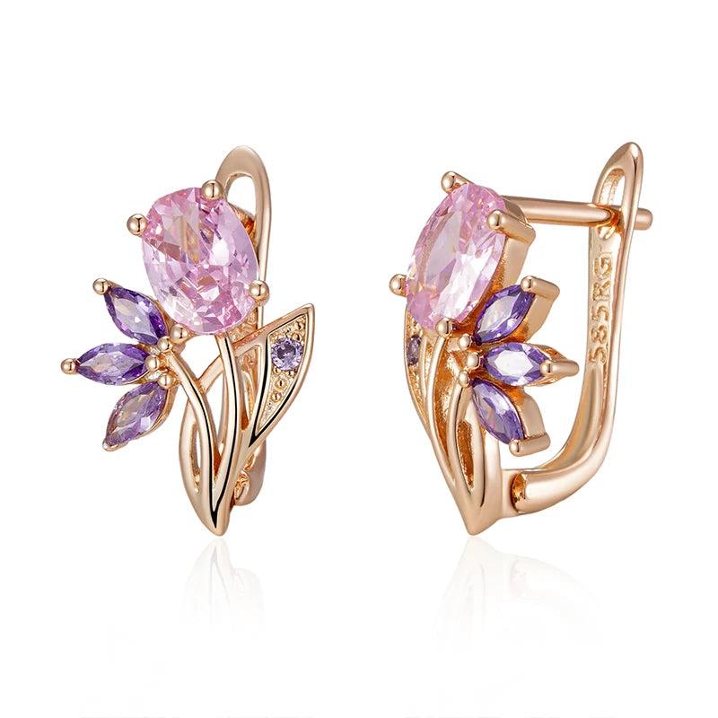 Purple Natural Zircon Flower Drop Earrings 585 Rose Bride Wedding