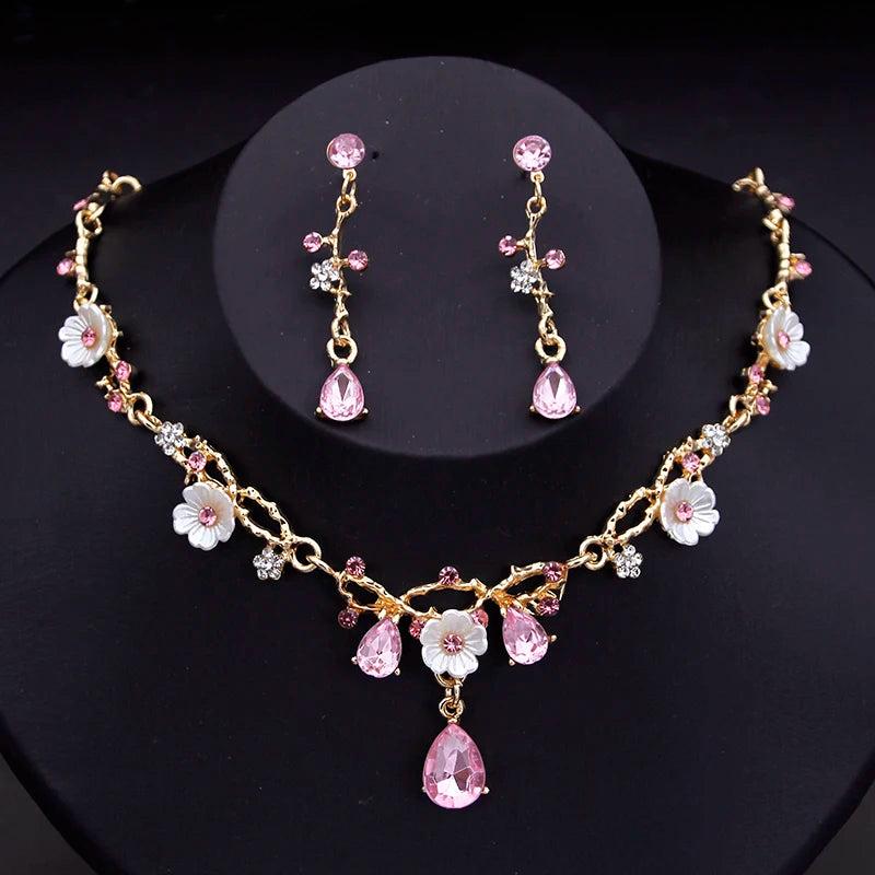 Crystal Flower Choker Necklace Earrings Bridal Set