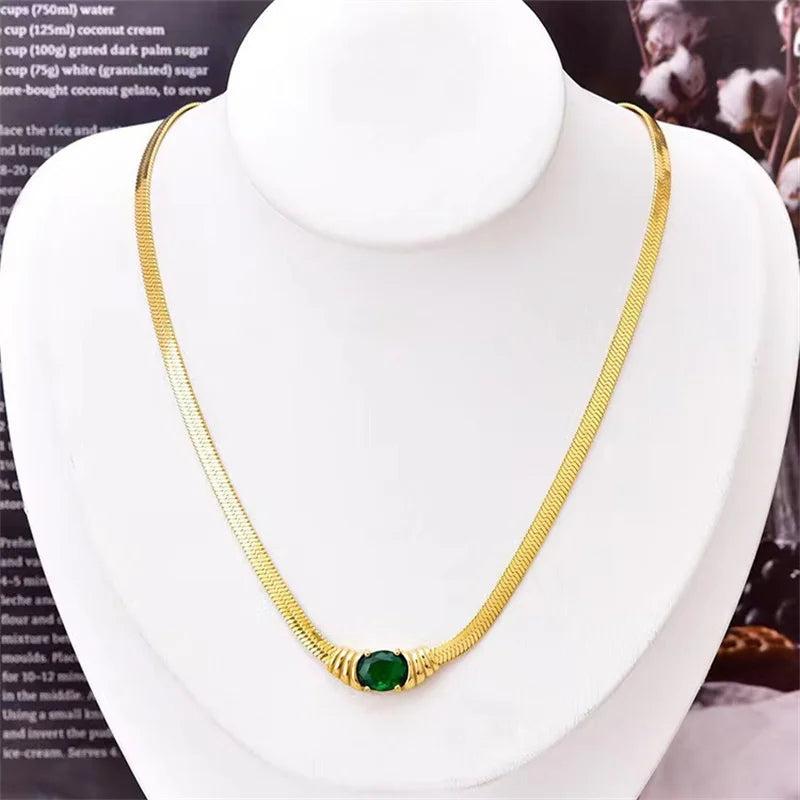 Stainless Steel Necklace Bracelet Set Green CZ Stone Jewelry Gift