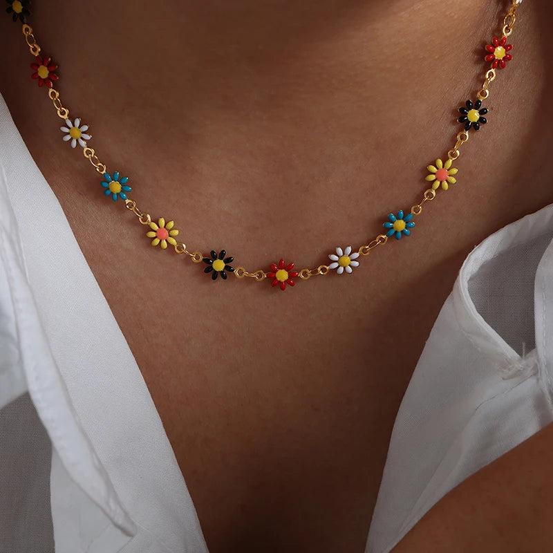 Stainless Steel Flower Necklace Bracelet Set