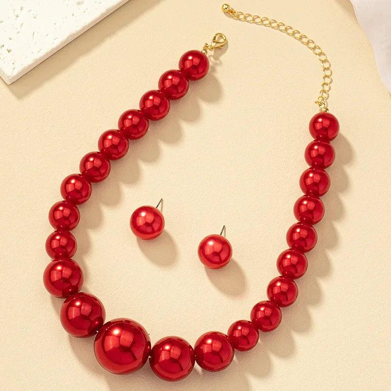Vintage Wine Red Pearl Necklace Earrings Set Female Net Red Light Palace Style