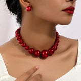 Vintage Wine Red Pearl Necklace Earrings Set Female Net Red Light Palace Style