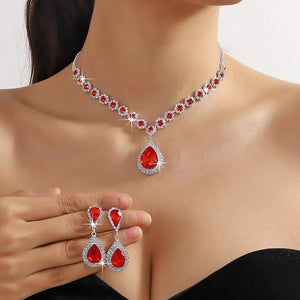 Red Green Crystal Necklace Earrings Water Drop Wedding Jewelry Sets