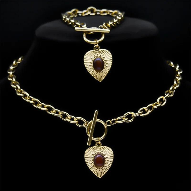 2PCS Heart Jewelry Set Stainless Steel Chain High Sets For Women Girl
