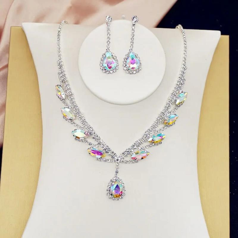 Water Drop Alloy Women Earrings Necklace Set Crystal Jewelry Set