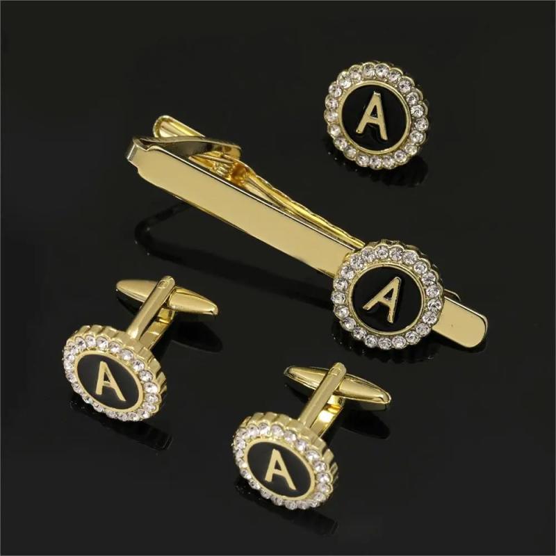 A-B-Z Initial Cufflinks & Tie Clip Set Crystal Mens Round Cuff Links