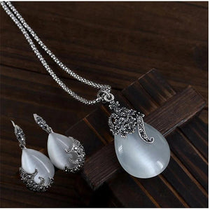 925 Silver Opal Water Drop Pendant Necklace Earrings Set