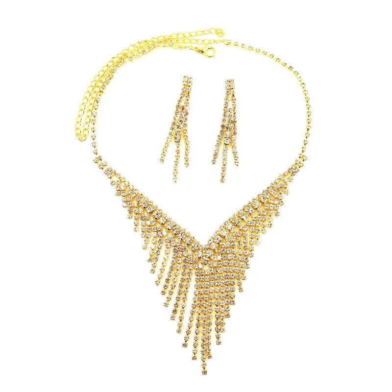 Crystal Tassel Bride Jewelry Set Rhinestone V Shape Silver-plated Wedding Dress