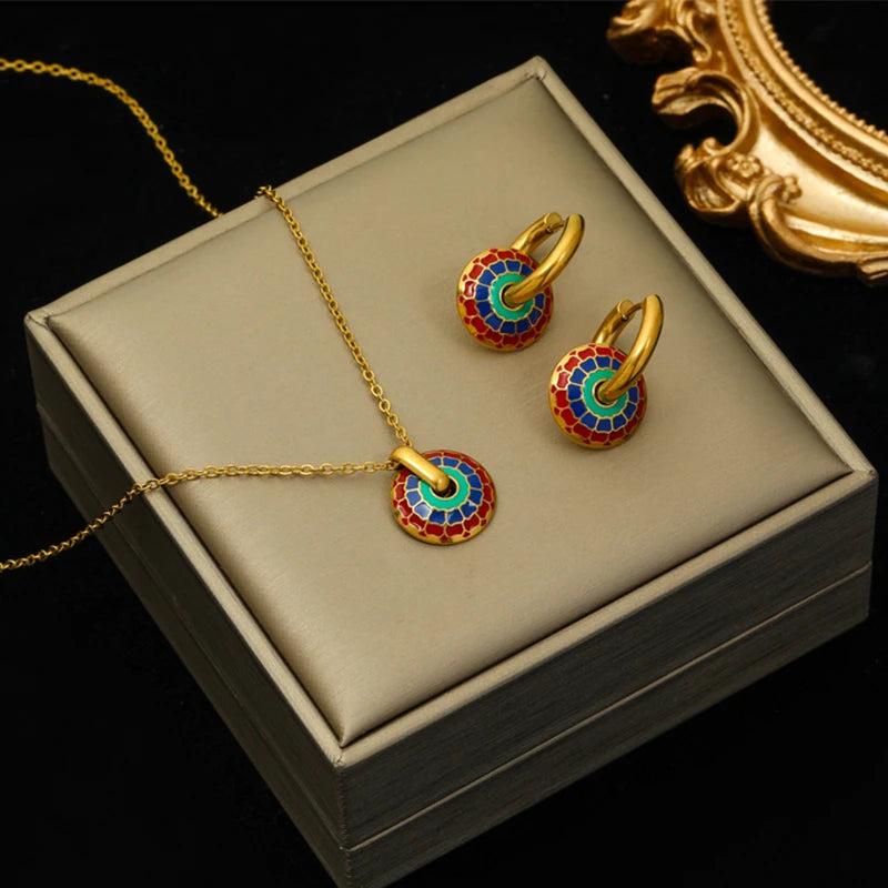 Vintage Flower Necklace Earrings Set for Women Girl, Waterproof Jewelry Gift