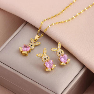 316L Stainless Steel Zircon Rabbit Jewelry Set for Women Girls