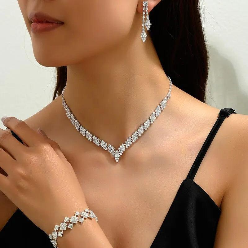 Bridal Jewelry Set Silver Plated Rhinestone Clutch Bracelet Tassel Earrings