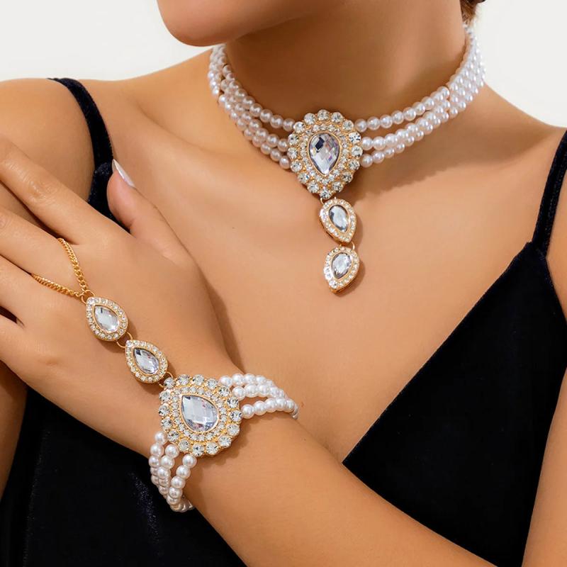 Vintage Style Faux Pearls Diamonds Gemstone Jewelry Set